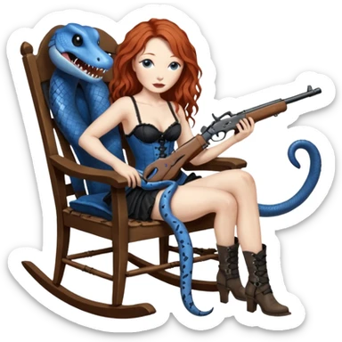 realistic cinematic Tori Amos sits on a rocking chair in a torn corset, holding an antique rifle and her bare feet are muddy. A blue snake is wrapped around the chair. sticker