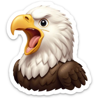 Cinematic Cute Yawning American Eagle Portrait Emoji, Head tilted slightly with a dramatic, wide-open yawn, showcasing a stately form with gently drooping feathers and sleepy, half-closed eyes, Simplified yet irresistibly adorable features, highly detailed, glowing with a soft, cozy majestic glow, high shine, relaxed yet expressive, stylized with a dash of whimsical aerial charm, soft glowing outline, capturing the essence of a drowsy yet affectionate American eagle that appears ready to stretch out for a nap! sticker