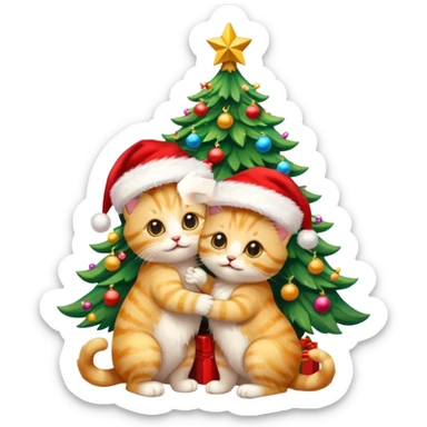 2 gold eyed cute hugging happy fluffy gold kittens with Santa hats by a colorful multicolored brightly lit up Christmas tree sticker