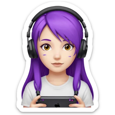 Gamer Girl with black Headset + long Purple Hair, white T-shirt sticker