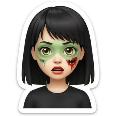uma garota zumbi no formato Memoji da apple com o cabelo cumprido, preto liso e com franja, blusa preta sticker