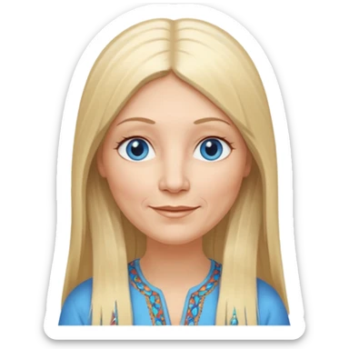 50 yr old white woman, hippe part bangs, very long straight blond hair, oval face, small smile, blue eyes, thin face, hair downback, hair parted at center of head, round cheeks, pale, longer hair sticker