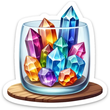 Close-up of vibrant, multicolored crystals growing in a glass container on a wooden table. Crystals in shades of purple, blue, green, pink, and clear are forming in various shapes and sizes. Soft light shines on them. Cozy indoor setting with plants and soft decor in the background. sticker