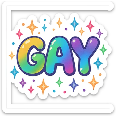 the word GAY in a playful bubble font with rainbow sparkles sticker