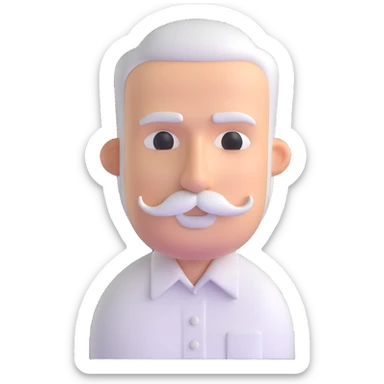 man with oval-shaped flat-top head, bushy white mustache, wearing a white shirt with three white buttons sticker