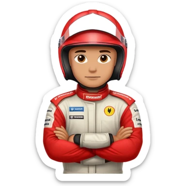 Formula 1 racing driver wearing full face red helmet and clothing with arms crossed headshot  sticker