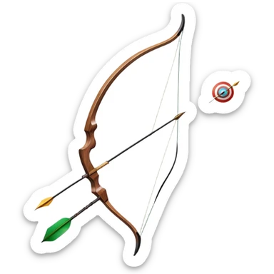 A professional recurve bow with an arrow nocked, ready to be released. The target features concentric rings, placed at a distance. The emphasis is on the bow, arrow, and target, highlighting the precision, focus, and skill involved in competitive archery. sticker