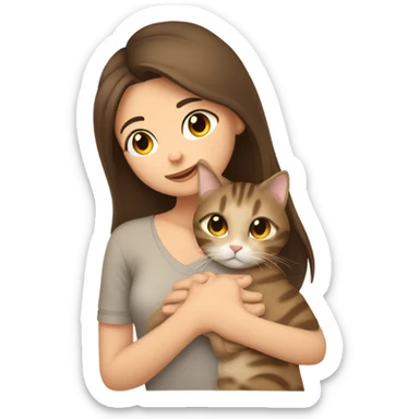 brunette hair girl snuggling beige tabby cat sticker