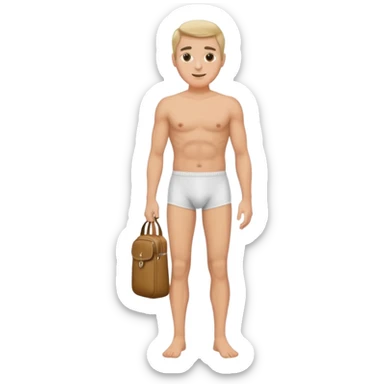 Man, mid 60, with underwear and a leg bag sticker