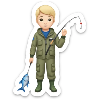 Boy in fishing suit looking at his wristwatch, full body sticker