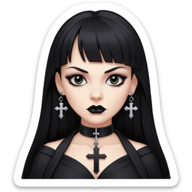 vampira parda com cabelo preto longo e liso e franja, olhos pretos, brincos em formato de cruz, choker em formato de cruz, roupa preta com decote nos seios, batom preto e séria sticker