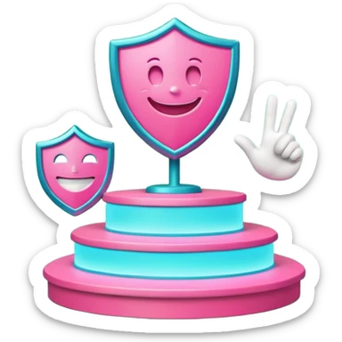 Minimalist 3D emoji-style podium with 2 steps on a green chroma key background. Step 1 (higher) features a handshake icon with blue neon glow. Step 2 (lower) features a smiling tooth with a shield icon and pink neon glow. Clean rendering, soft colors, uniform lighting. sticker