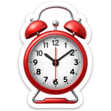 “Classic alarm clock emoji ⏰ in clean 3D style, smooth rounded clock body, bright red color, shiny metallic bells, ultra-glossy plastic texture, reflective surface, clear clock face with simple hands, soft studio lighting, subtle highlights, cute emoji proportions, ultra-polished 3D look,  sticker
