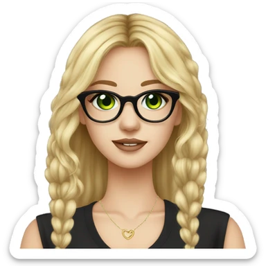Young lady nose ring earrings long blonde hair black glasses green eyes loves black wears mascara has a nose ring sticker