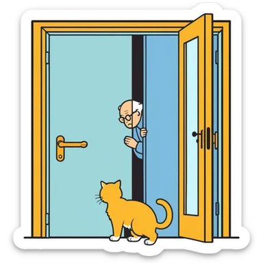  old blind man opening and closing the door four ￼his golden cat  sticker