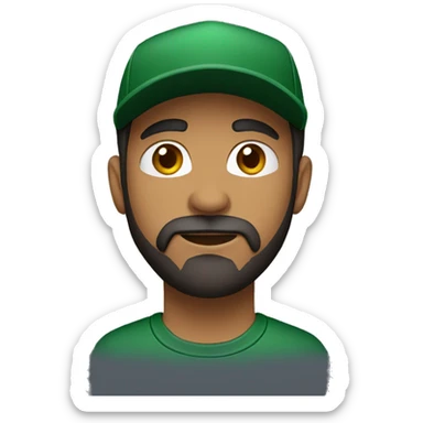 brown man with a dark beard, dark eyes, dark green t-shirt and a black cap sticker