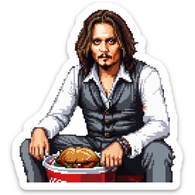 Johnny Depp sitting in a KFC bucket, long hair, goatee sticker