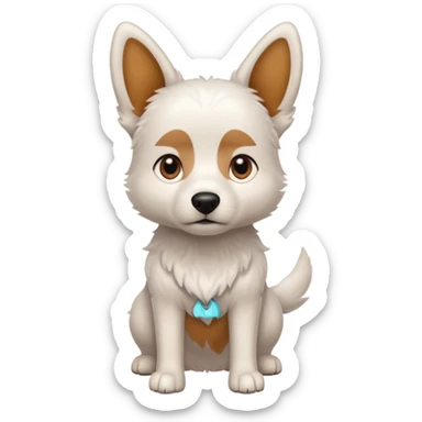 a completely white dog with brown eyes, a long, medium-sized body, and ears with small brown specks on them. sticker