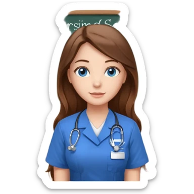 inside a classroom at university that says nursing school on the board with a pretty female nursing student with long brown hair, blue eyes sticker