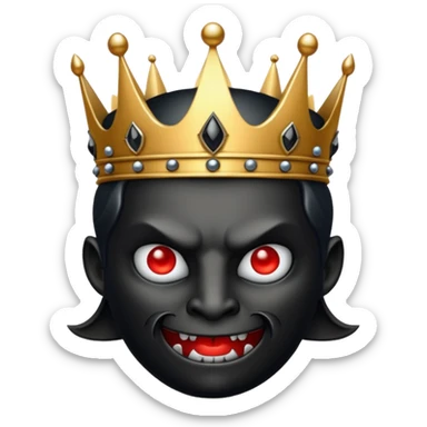 a black, shining crown with a devil face sticker
