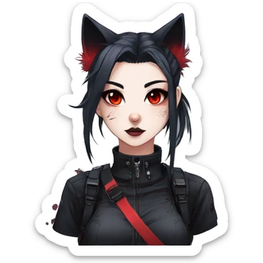 Gorgeous gothic dark techwear anime style anthro cat with blushing face aesthetic and pretty edgy black red punk messy ponytail hair with collar and harness trending style sticker