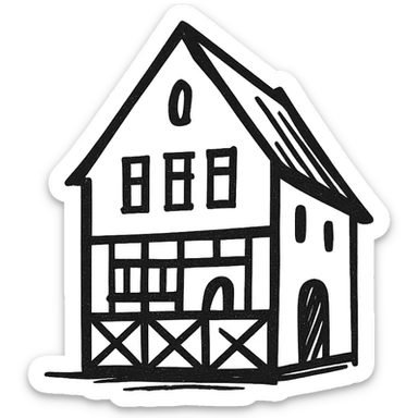 Icon of a house in Kaliningrad, hand drawn, black outlines, no fill, simple and clean, angled view sticker