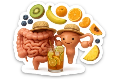EMOJI STILE IPHONE DI INTESTINO E UTERO UMANI REALISTICI CON CAPPELLO DI PAGLIA DA SPIAGGIA CHE BEVE UN Tè FREDDO IN BICCHIERE DI VETRO CON DENTRO  fette di cetriolo, limone, lime, DIETRO L'INTESTINO FLUTTUANO PEZZETTI DI Kiwi
Banana acerba
Arance e mandarini
Mirtilli
Ananas
Papaya
IPERREALISTICO 4K sticker