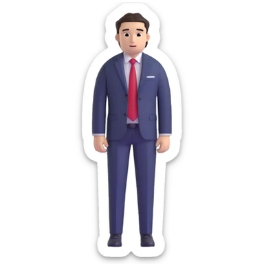 man wearing a dark blue-gray business suit with black horizontal stripes on the arms and legs, white shirt and red tie sticker