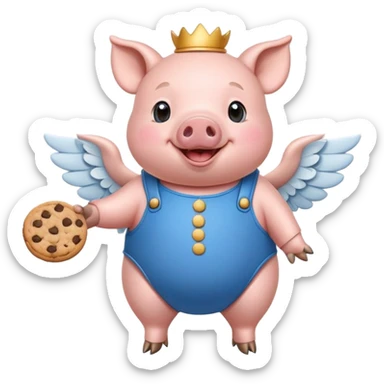Create a cheerful cartoon character, a pig with a round body, wearing a blue outfit with cookies on its side, and small wings, smiling joyfully sticker