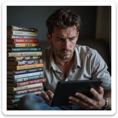 man seeking motivation watching fitness videos on a tablet with a pile of food diaries full of failed attempts next to him, tired expression, 4K details sticker