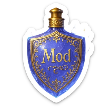 premium class crystal elixir bottle in shield shape, color #7986cb, with inscription 'Mod', lots of glow, edges, ornaments, golden details, magical effects, very small golden neck, transparent background, beautiful seamless bottom, bottle clearly floating in air, no base or shadow, very luxurious, modern, fits collection sticker