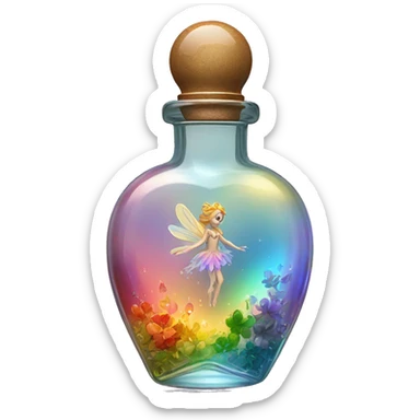 Antique oil heart bottle made of crystal glass of all gentle colors of the light rainbow, a living flower fairy sits at the bottom of the bottle sticker