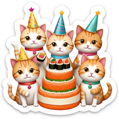 six cats celebrating one cat's birthday party, all cats holding pieces of sushi, birthday cake, party hats, and decorations sticker