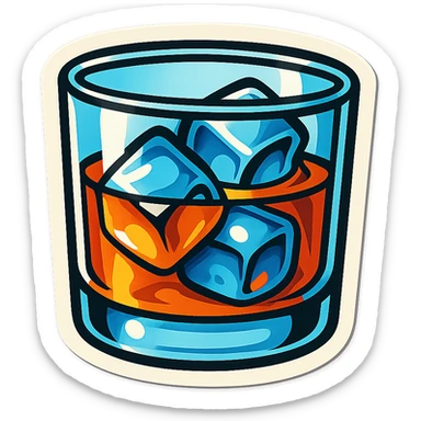 whiskey glass with ice cubes, retro stickers style, clear black outlines, expressive shadows and highlights, no gradients, only sharp color transitions, side view sticker