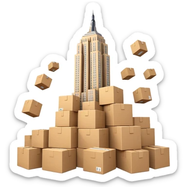 Empire State Building with plain boxes tumbling down, dynamic, fun sticker