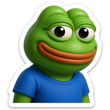 pepe in
- 3d style
- bright green
- blue shirt
- smiling
- looking straight at the camera
- good highlights and shadows
- 30deg angled towards the left sticker
