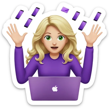 lady with long wavy blonde hair, purple top, green eyes, throwing her with a purple mac laptop hands in the air screaming sticker