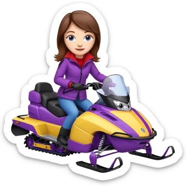 Brown hair, very blue eyes, Woman wearing a red coat  on purple and yellow striped snowmobile sticker