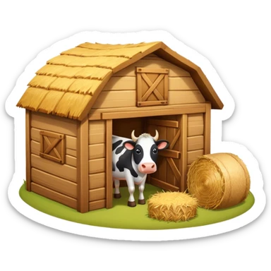 cow barn object icon, wooden stable building, hay bales near entrance, warm light, farm style, 3D cartoon, mobile game icon style, centered, clean background, no text, no watermark
 sticker