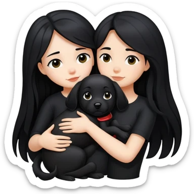 A girl with long black hair wearing black clothes hugs a black dog tightly sticker