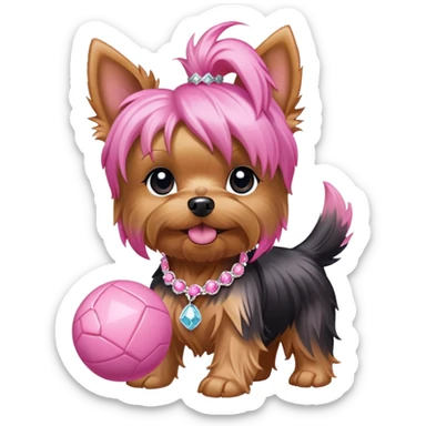 Pink flower with diamond in long hair yorkie playing fetch with pink ball pink necklace sticker
