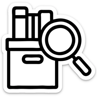magnifying glass hovering over an archive box filled with books, symbolizing searchable archive, clean modern icon style sticker