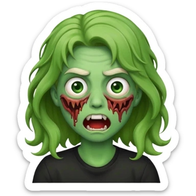 zombi emoji with a wavy medium hair, mouth, nose, green skin, black shirt sticker