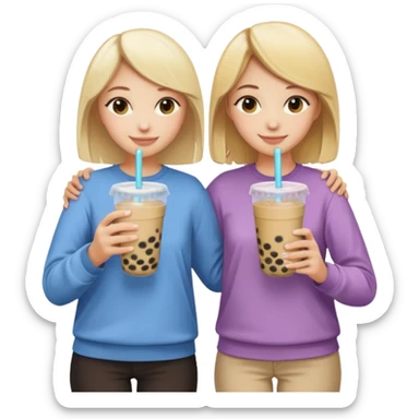 two friends, one blonde and one brunette, standing with their backs, hugging each other with one hand and holding bubble tea with the other, emoji style, both wearing casual clothes sticker