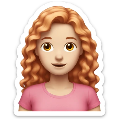 white pale girl with long red brown wavy hair and a pink shirt sticker