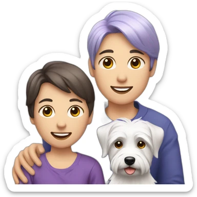 Family picture woman with purple/gray hair, aduld son with dark brown hair and West Highland White Terrier sticker