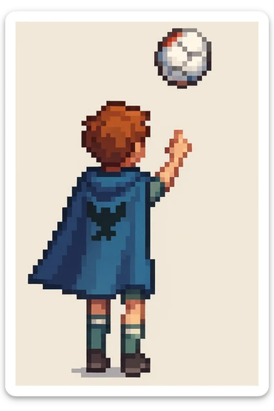 A boy passing a ball, pixel art style, with blue cape sticker