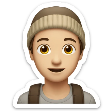 Head only, medium-length brown hair, beige beanie, round eyes, soft smile. sticker
