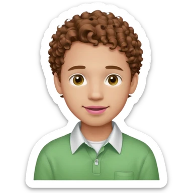 emoji of a young man with light skin, big brown eyes, soft smile with braces, full pink lips, curly hair, warm gaze, wearing a green shirt with white collar sticker