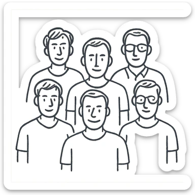 group of 6 men, white skin tone, white shirts, hand-drawn style sticker